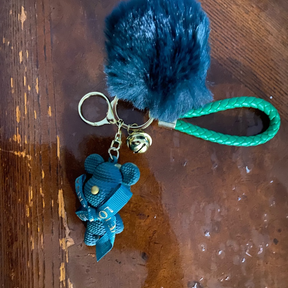 Teal Keychain with Pom Pom and Bear Charm